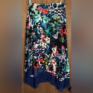 Cable & Gauge Pull On Stretch Skirt Asymmetrical Hem Artsy Multicolor Blue L